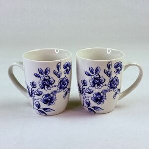 Paula Deen Spring Prelude Blue Floral Coffee Mugs‎ Set of 2 White Ceramic K014